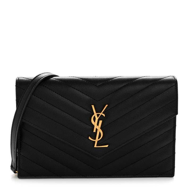 Grain De Poudre Matelasse Chevron Monogram Envelope Chain Wallet Black