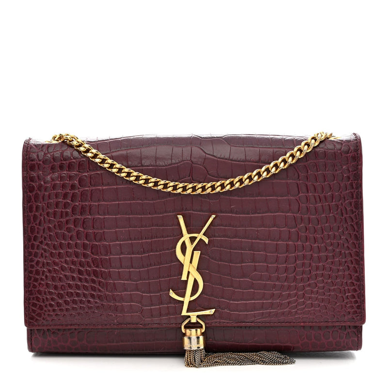 Calfskin Crocodile Embossed Medium Classic Monogram Kate Tassel Satchel Dark Red