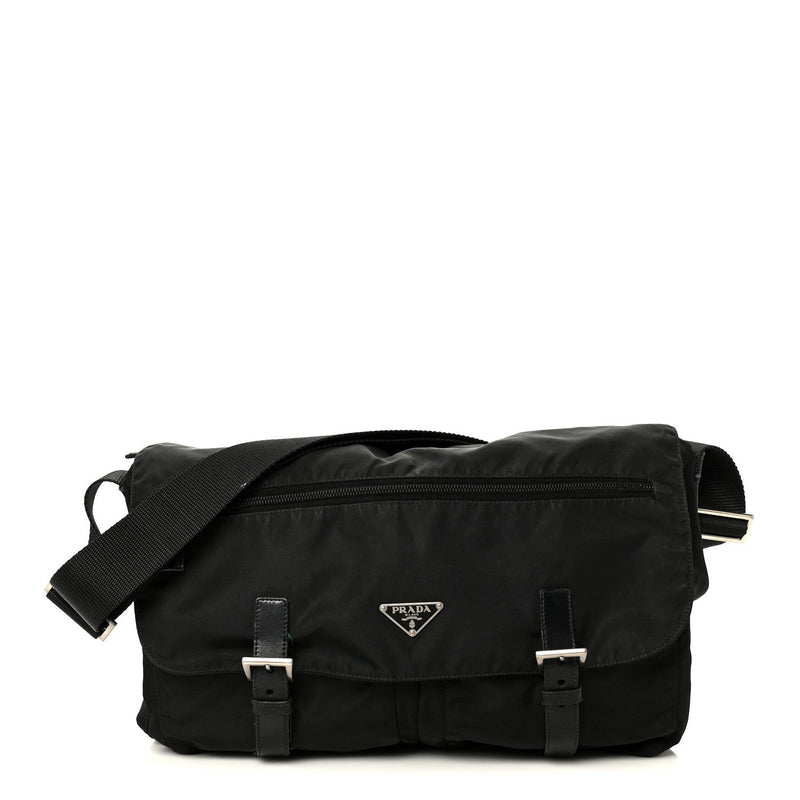 Tessuto Nylon Saffiano Double Buckle Messenger Shoulder Bag Black