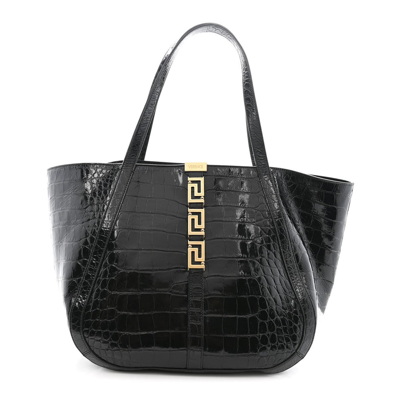 Calfskin Crocodile Embossed Greca Goddess Tote Bag Black