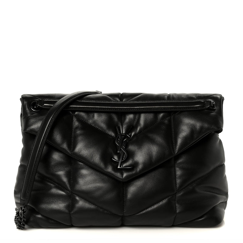 Lambskin Quilted Monogram Monochrome Medium Loulou Puffer Chain Satchel Black