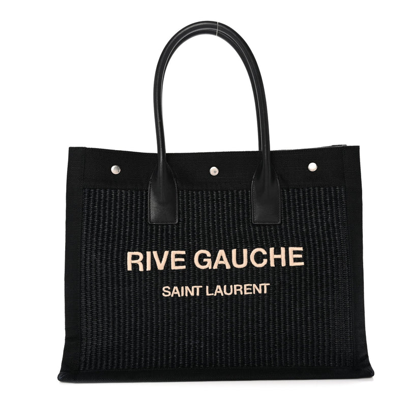 Raffia Linen Calfskin Small Rive Gauche Tote Black