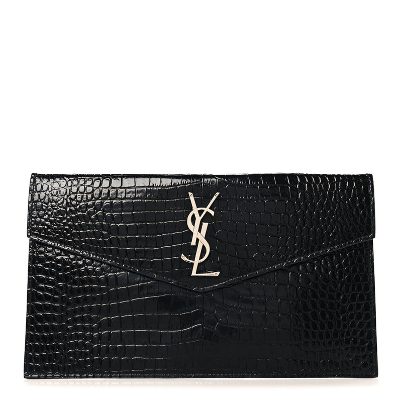 Calfskin Crocodile Embossed Uptown Monogram Pouch Black