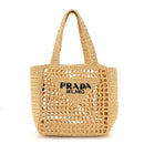 Yarn Raffia Effect Crochet Logo Embroidered Small Tote Bag Naturale