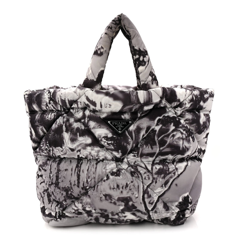 Re-Nylon Padded Printed Medium Tote Bag Black White