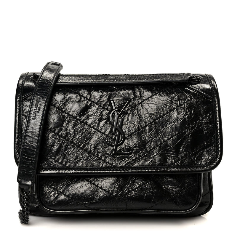 Crinkled Calfskin Matelasse Monogram Baby Niki Chain Satchel Black