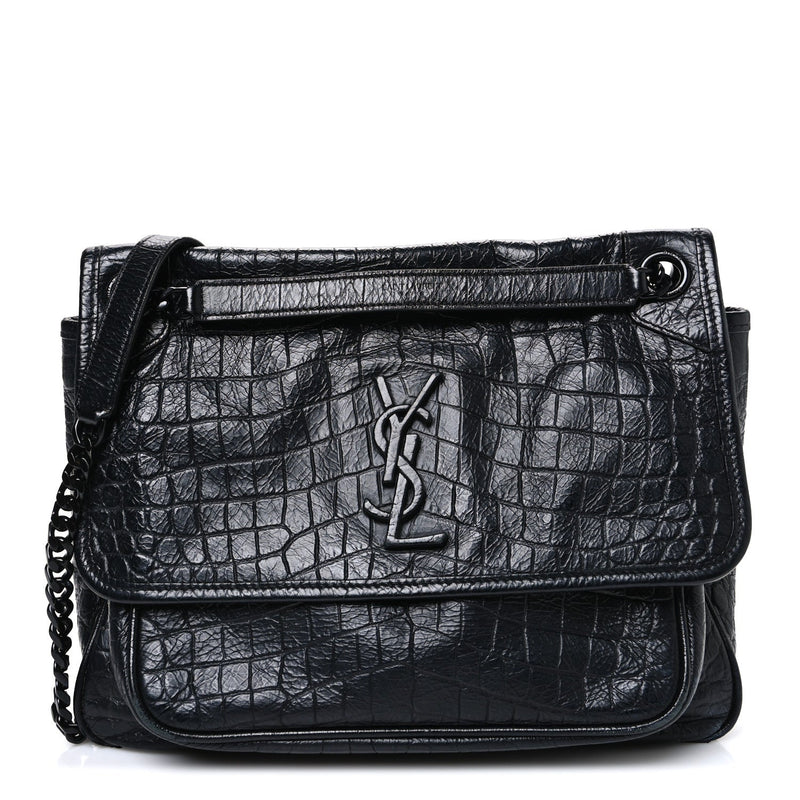 Crocodile Embossed Lambskin Monogram Medium Niki Chain Satchel Black