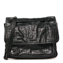 Crocodile Embossed Lambskin Monogram Medium Niki Chain Satchel Black