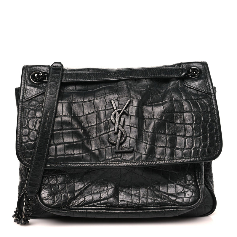 Crocodile Embossed Lambskin Monogram Medium Niki Chain Satchel Black