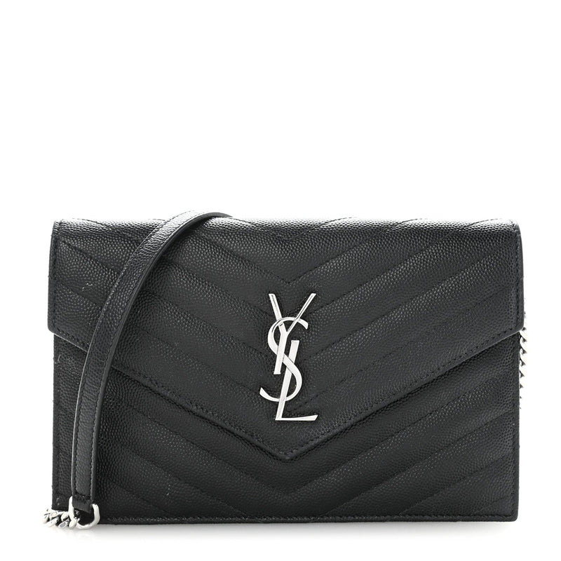 Grain De Poudre Matelasse Chevron Monogram Envelope Chain Wallet Black