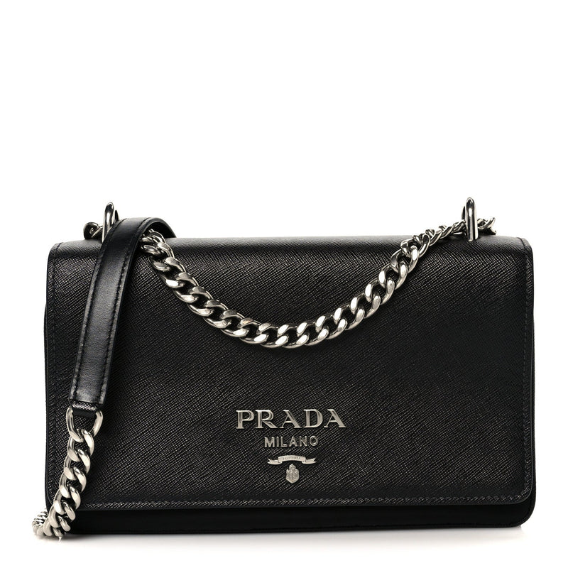 Saffiano Tessuto Nylon Chain Shoulder Bag Black