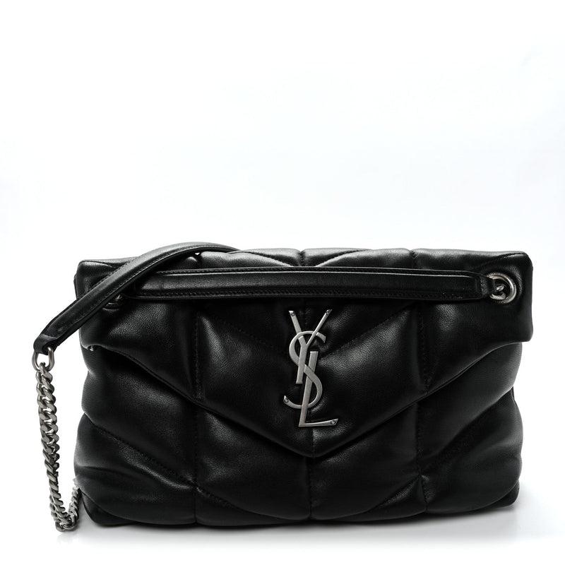 Lambskin Quilted Small Loulou Puffer Monogram Chain Satchel Black