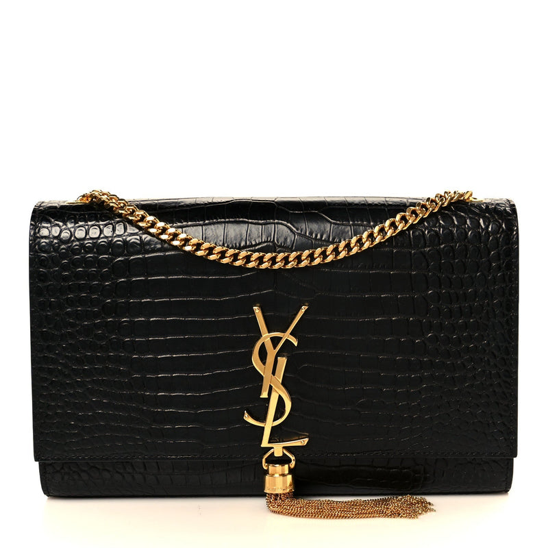 Calfskin Crocodile Embossed Medium Classic Monogram Kate Tassel Satchel Black