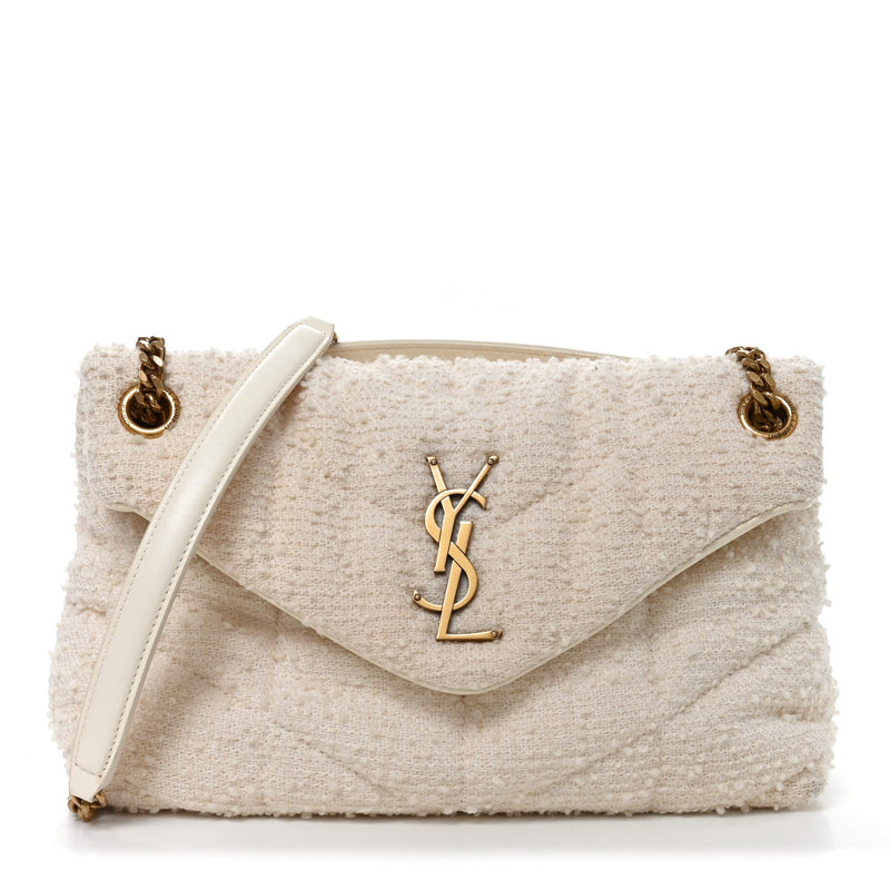 Boucle Tweed Quilted Small Loulou Puffer Monogram Chain Satchel Crema Soft
