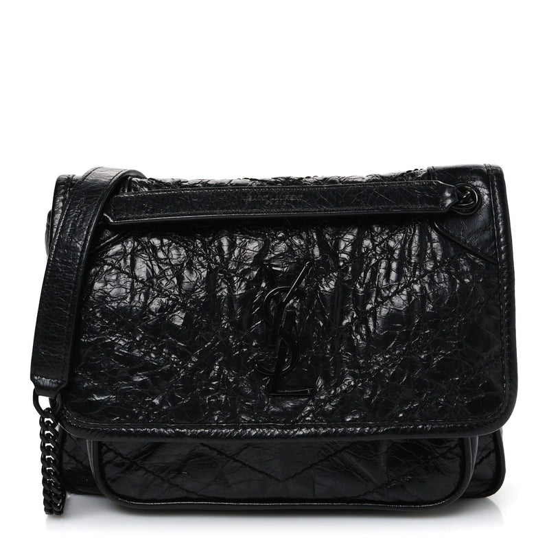 Crinkled Calfskin Matelasse Monogram Baby Niki Chain Satchel Black
