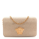 Satin Crystal Medusa Chain Clutch Beige