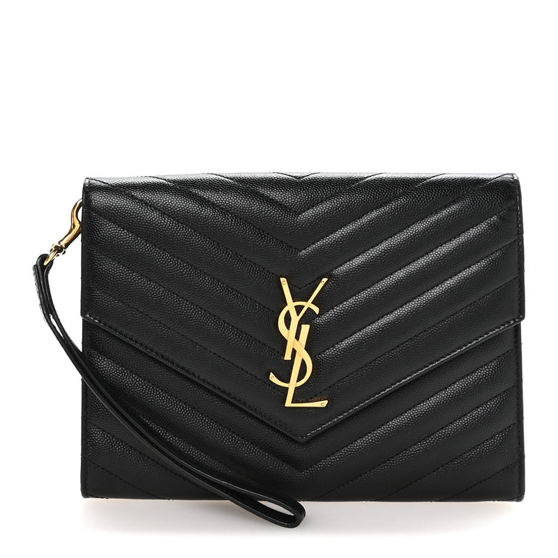 Grain De Poudre Matelasse Chevron Monogram Envelope Clutch Black