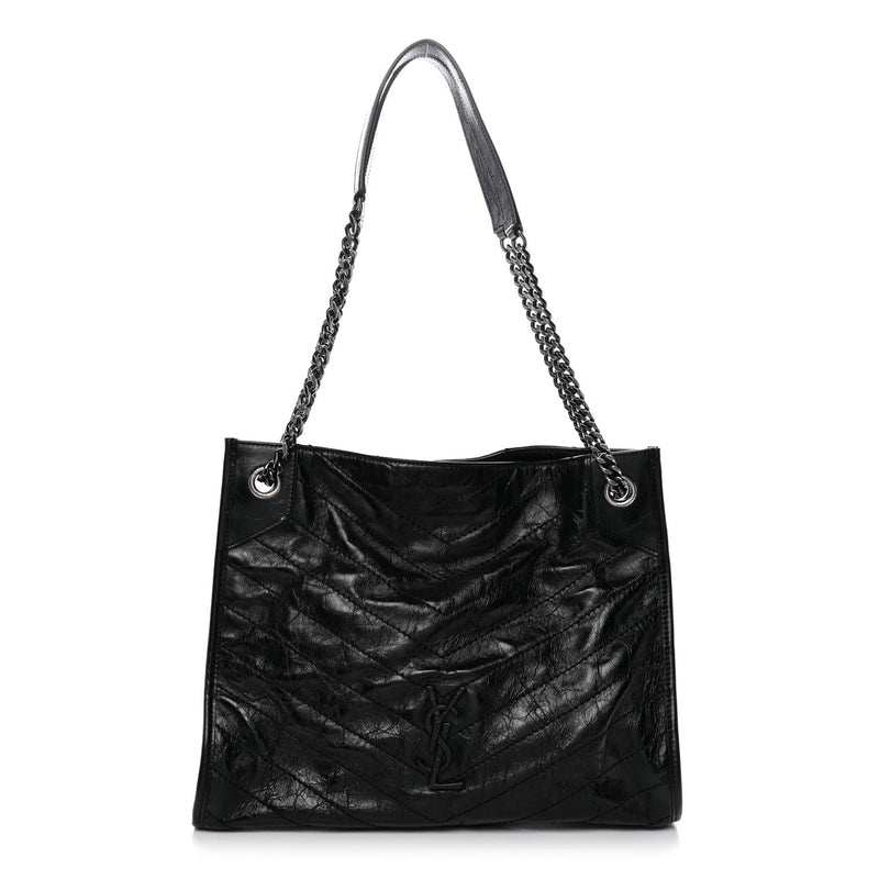 Crinkled Calfskin Matelasse Monogram Medium Niki Shopper Tote Black