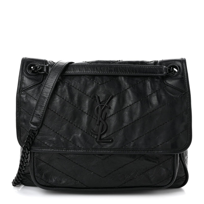 Crinkled Calfskin Matelasse Monogram Medium Niki Chain Satchel Black