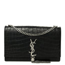 Calfskin Crocodile Embossed Medium Classic Monogram Kate Tassel Satchel Black