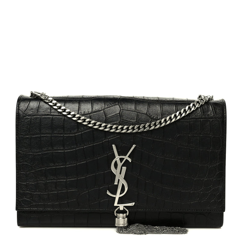 Calfskin Crocodile Embossed Medium Classic Monogram Kate Tassel Satchel Black