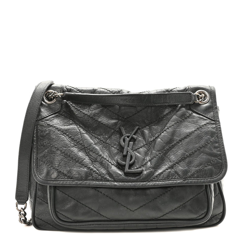 Crinkled Calfskin Matelasse Monogram Medium Niki Chain Satchel Storm
