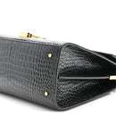 Calfskin Crocodile Embossed Medium Classic Monogram Cassandra Top Handle Black