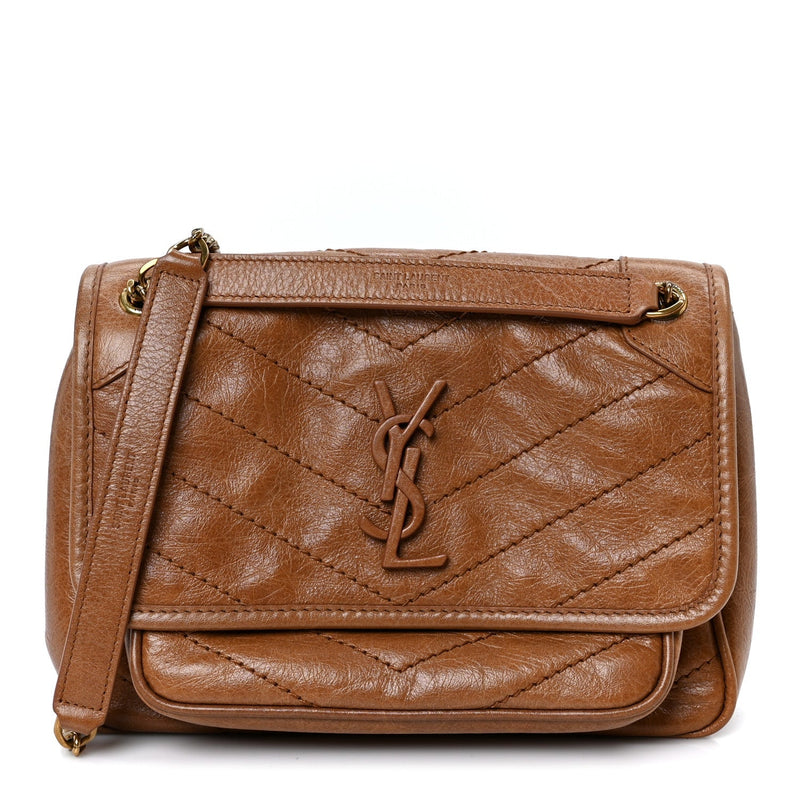 Crinkled Calfskin Matelasse Monogram Baby Niki Chain Satchel Light Caramel