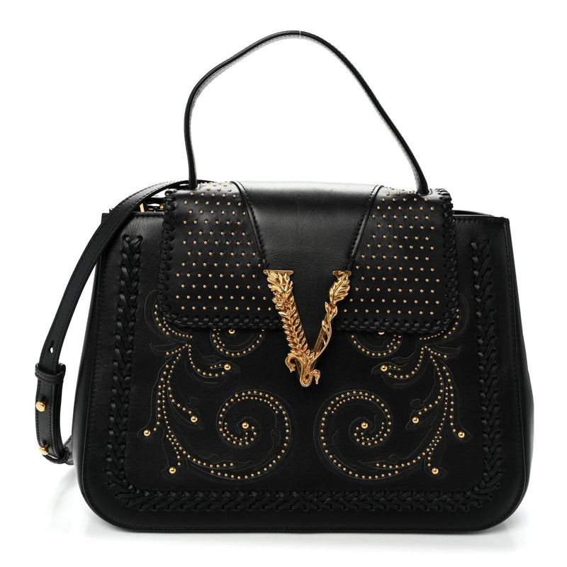 Vitello Western Studded Virtus Top Handle Shoulder Bag Black