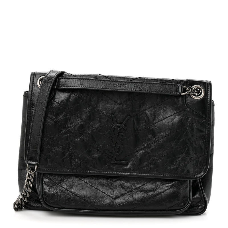 Crinkled Calfskin Matelasse Monogram Medium Niki Chain Satchel Black