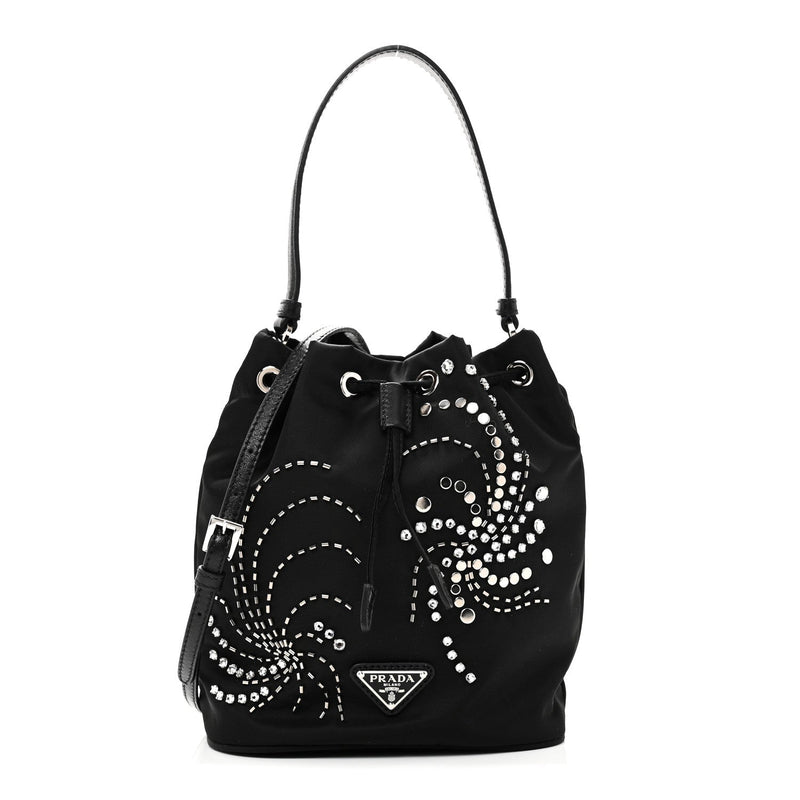 Tessuto Saffiano Ricamo Sequin Crystal Embellished Mini Re-Edition 1978 Bucket Bag Black