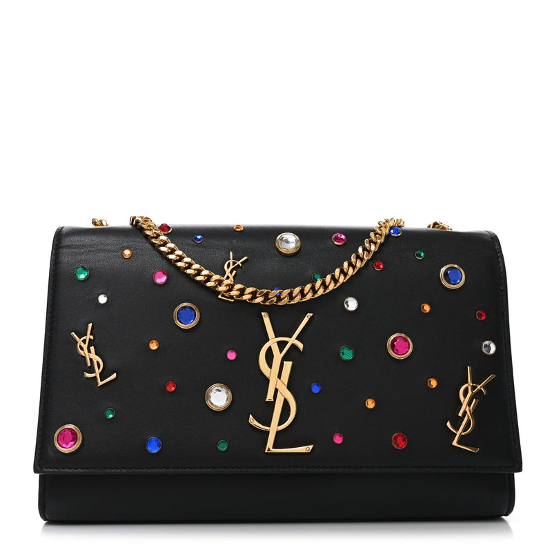 Calfskin Crystal Medium Monogram Kate Satchel Black