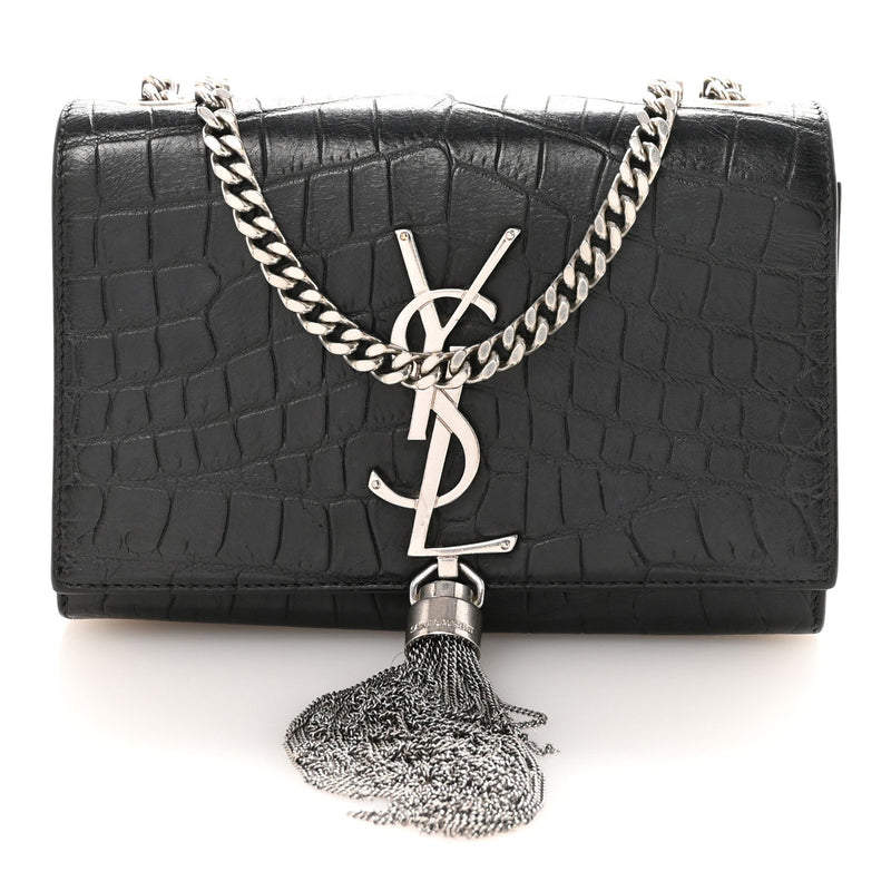 Calfskin Crocodile Embossed Small Classic Monogram Kate Tassel Satchel Black