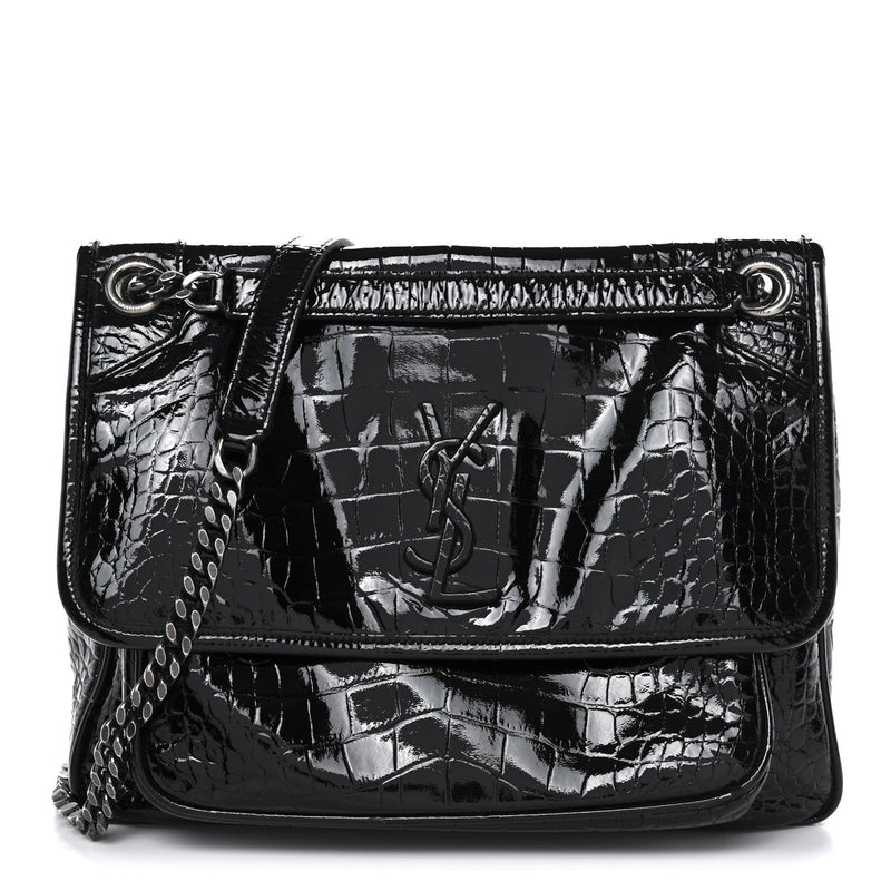 Patent Crocodile Embossed Lambskin Monogram Medium Niki Chain Satchel Black