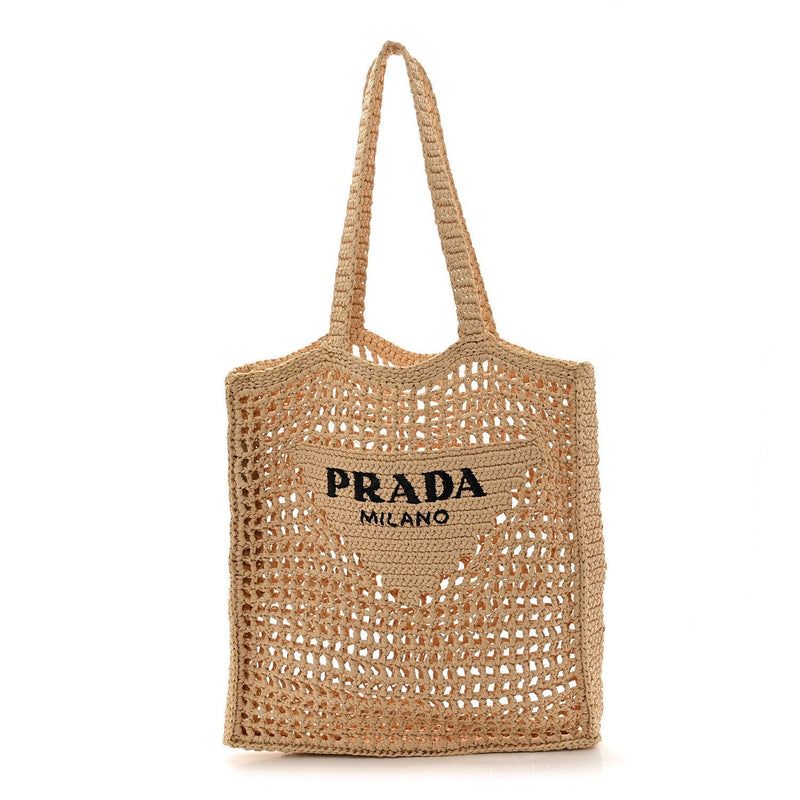 Yarn Raffia Effect Crochet Logo Embroidered Tote Bag Naturale