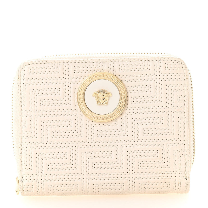 Calfskin Icon Quilted Compact Zip Around Wallet White