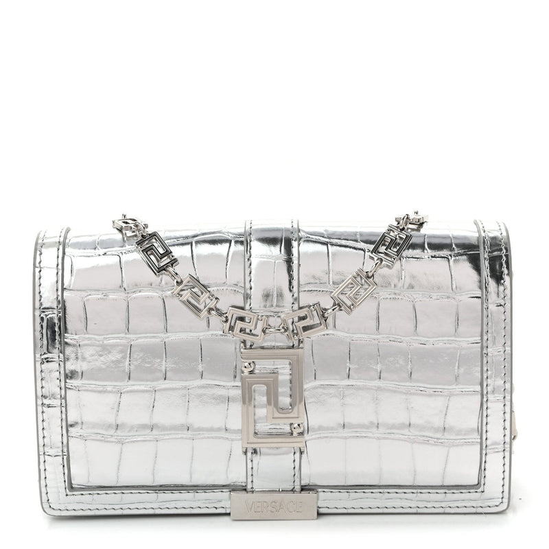 Metallic Crocodile Embossed Calfskin Greca Goddess Wallet On Chain Silver