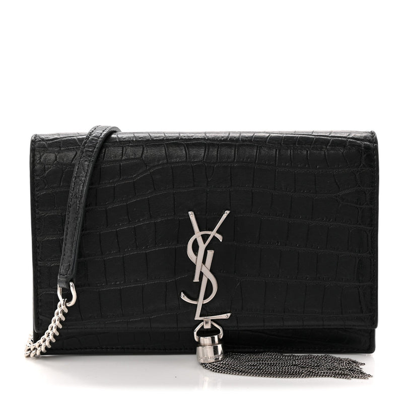 Calfskin Crocodile Embossed Kate Monogram Tassel Chain Wallet Black