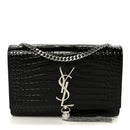 Calfskin Crocodile Embossed Small Classic Monogram Kate Tassel Satchel Black