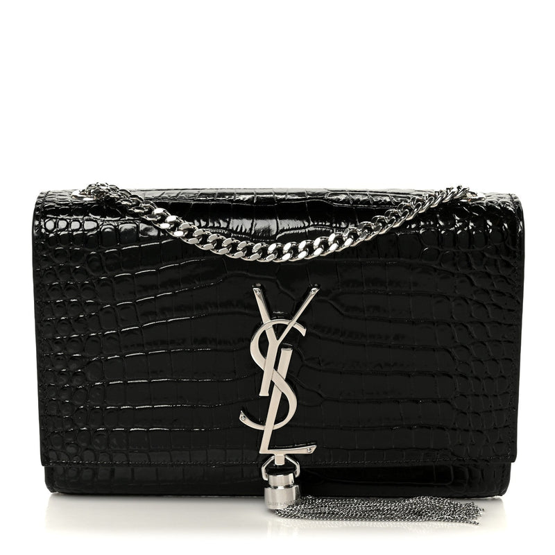 Calfskin Crocodile Embossed Small Classic Monogram Kate Tassel Satchel Black