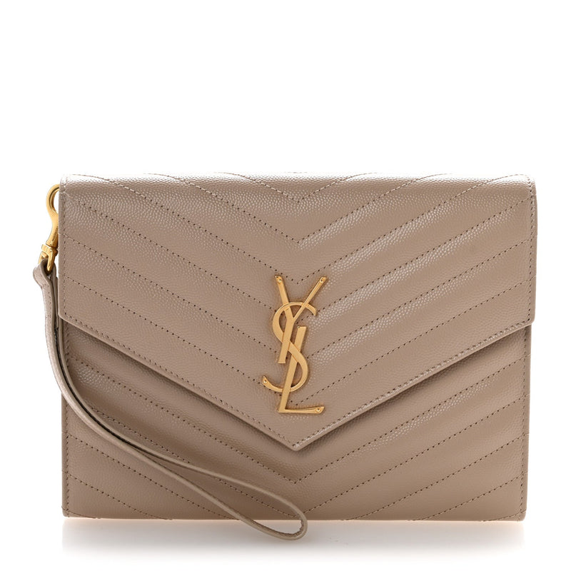 Grain De Poudre Matelasse Chevron Monogram Envelope Clutch Dark Beige