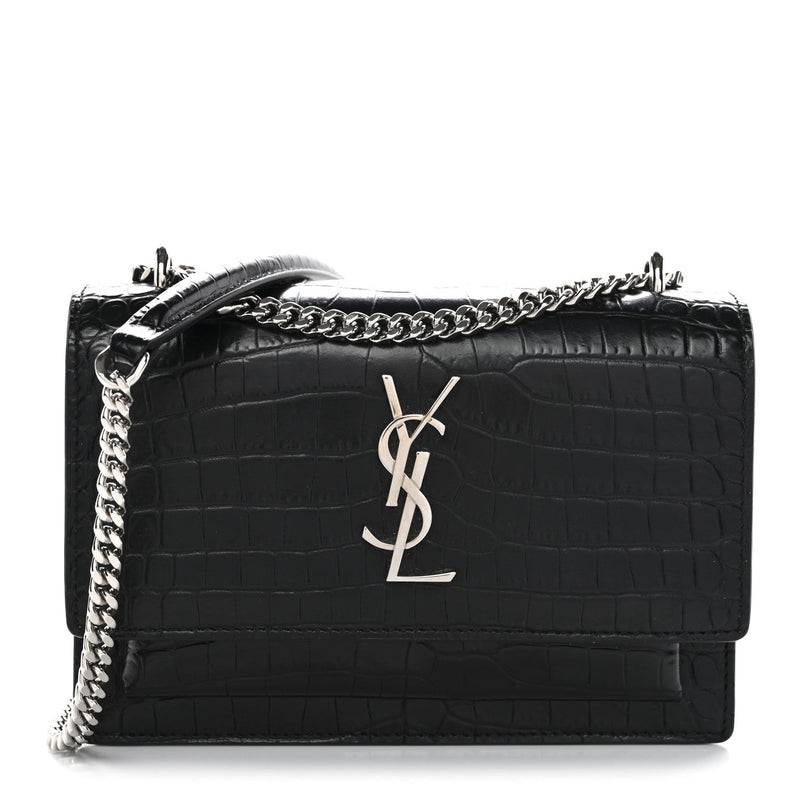 Calfskin Crocodile Embossed Monogram Sunset Chain Wallet Black