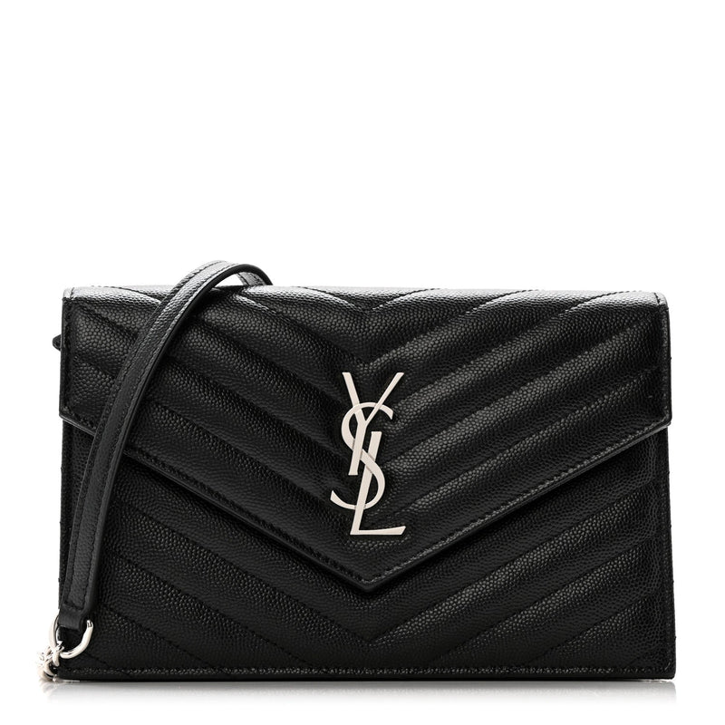 Grain De Poudre Matelasse Chevron Monogram Envelope Chain Wallet Black