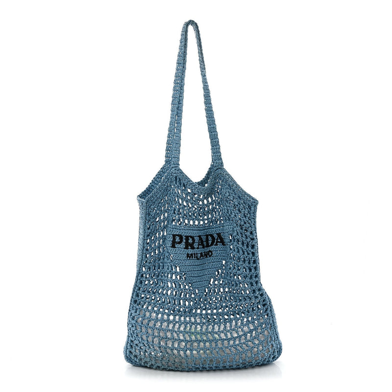 Yarn Raffia Effect Crochet Logo Embroidered Tote Bag Celeste