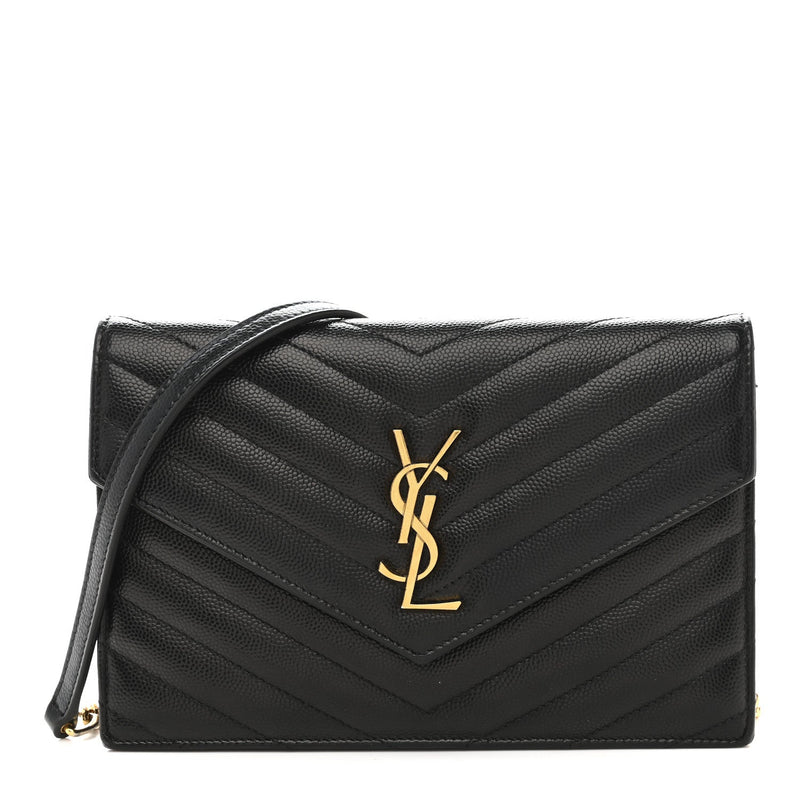 Grain De Poudre Matelasse Chevron Monogram Envelope Chain Wallet Black