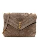 Suede Y Quilted Monogram Medium Loulou Chain Satchel Taupe