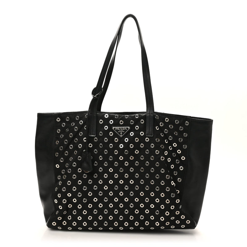 Tessuto Nylon Calfskin Grommet Tote Black