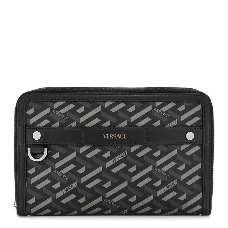Coated Canvas La Greca Signature  Black Gray