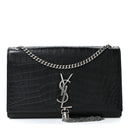 Calfskin Crocodile Embossed Medium Classic Monogram Kate Tassel Satchel Black