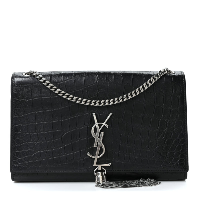 Calfskin Crocodile Embossed Medium Classic Monogram Kate Tassel Satchel Black